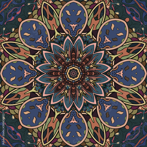 Seamless tracery tile mehndi design. Ethnic ornament, colorful doodle symmetry texture. Folk traditional spiritual tribal design. Curved doodling motif. Color art. Vector