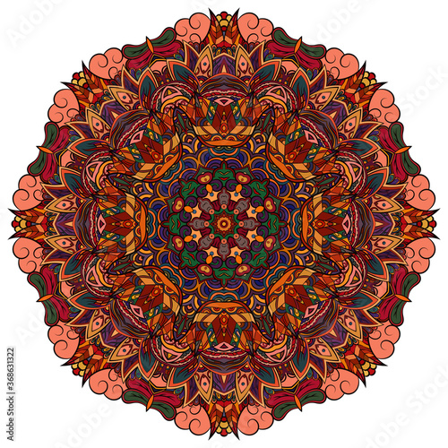 Mandala, tracery wheel mehndi design. Ethnic ornament, colorful doodle symmetry texture. Folk traditional spiritual tribal design.  Curved shape, isolated on white. Color art. Vector