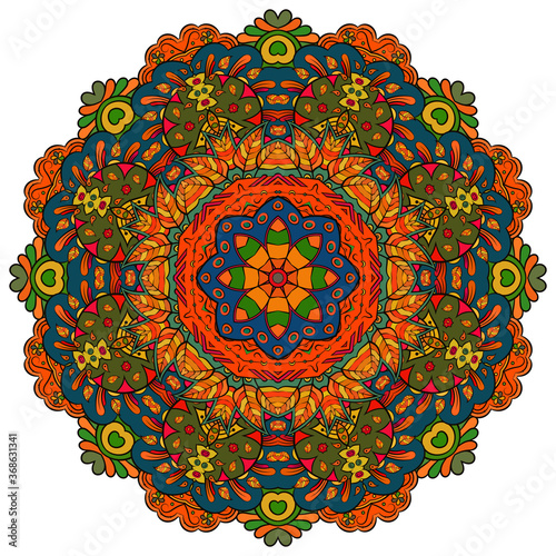 Mandala, tracery wheel mehndi design. Ethnic ornament, colorful doodle symmetry texture. Folk traditional spiritual tribal design. Curved shape, isolated on white. Color art. Vector