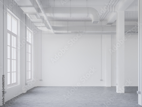 Empty white loft room 3d render,With polished concrete floors The ceiling shows the ducts of the air conditioning system, with large windows that allow natural light into the room.
