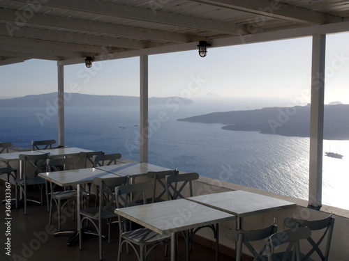 Views of the historical part of Fira  Santorini island Greece. Panoramic views of the mountains  sea and nature.