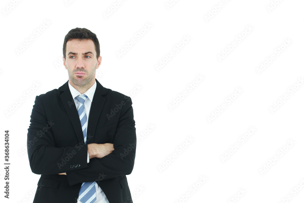Successful and handsome businessman in a suit serious and hard thinking in working isolated on white background. Copy space Successful and handsome businessman in a suit serious and hard thinking in working isolated on white background. Copy space