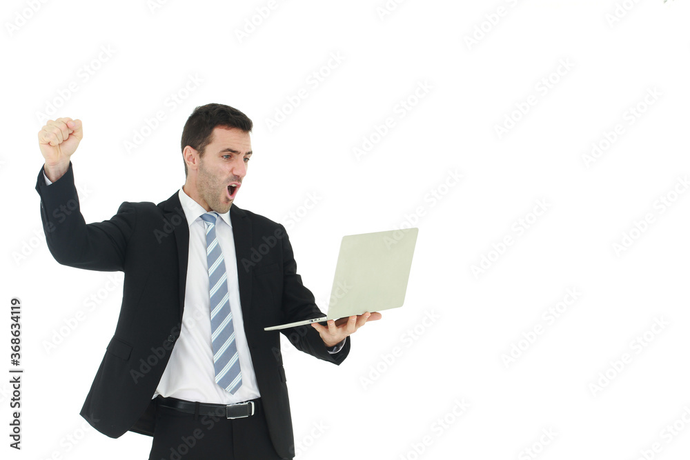 Handsome and smart businessman in black suit hand holding laptop and pretending to be happy and satisfy for sucessful in work isolated on white background. Handsome and smart businessman in black suit hand holding laptop and pretending to be happy and satisfy for sucessful in work isolated on white background.