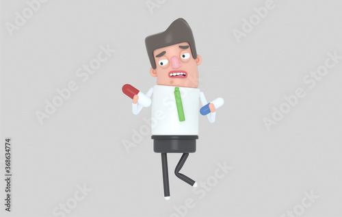 Worried Man holding two pills.3d illustration. Isolate. photo