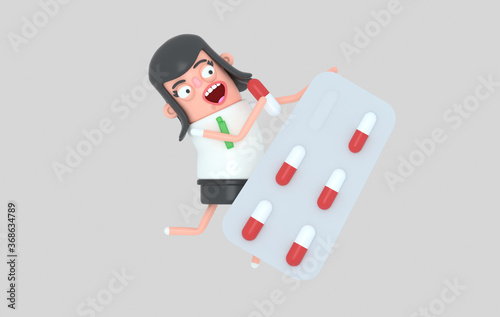 Woman leaning on a pill blíster. 3d illustration. Isolate. photo