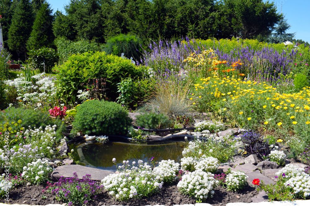 A pond surrounded by beautiful flowers. Summer is a beautiful Park. Summer blooming garden. Quiet natural area in a big bustling city. Nature's Paradise. Landscape design. Garden of dreams.