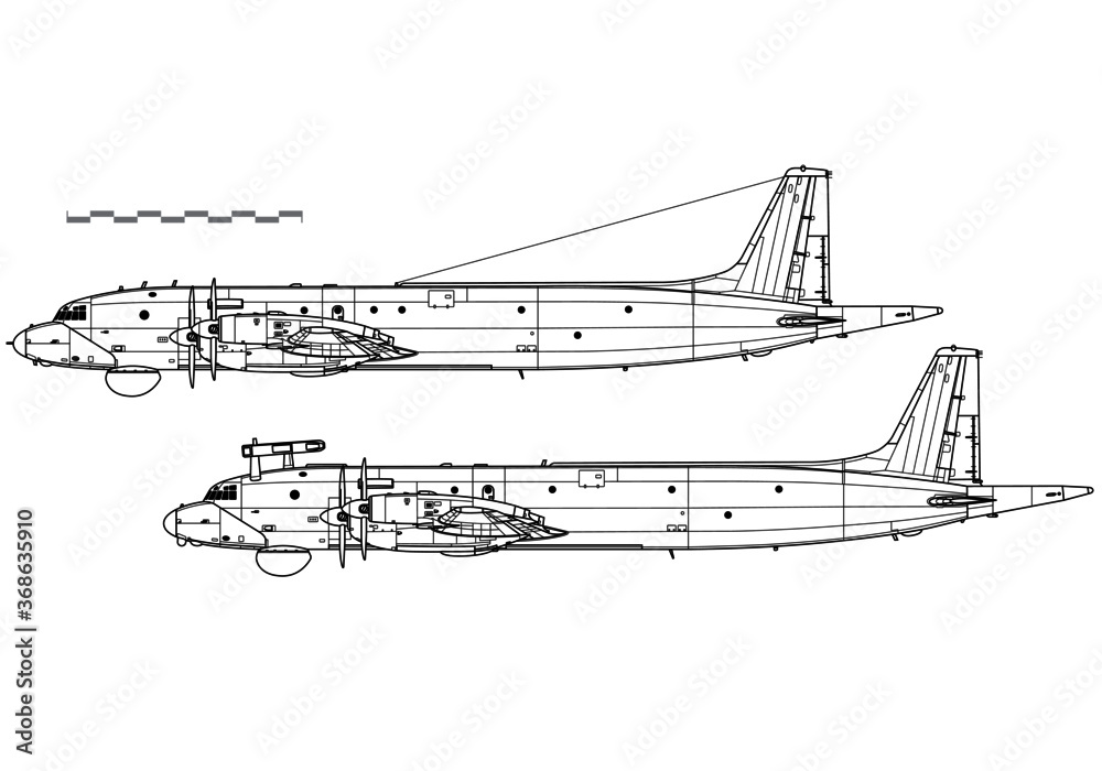 Ilyushin Il-38 Dolphin, May. Vector drawing of maritime patrol aircraft. Side view. Image for illustration and infographics.