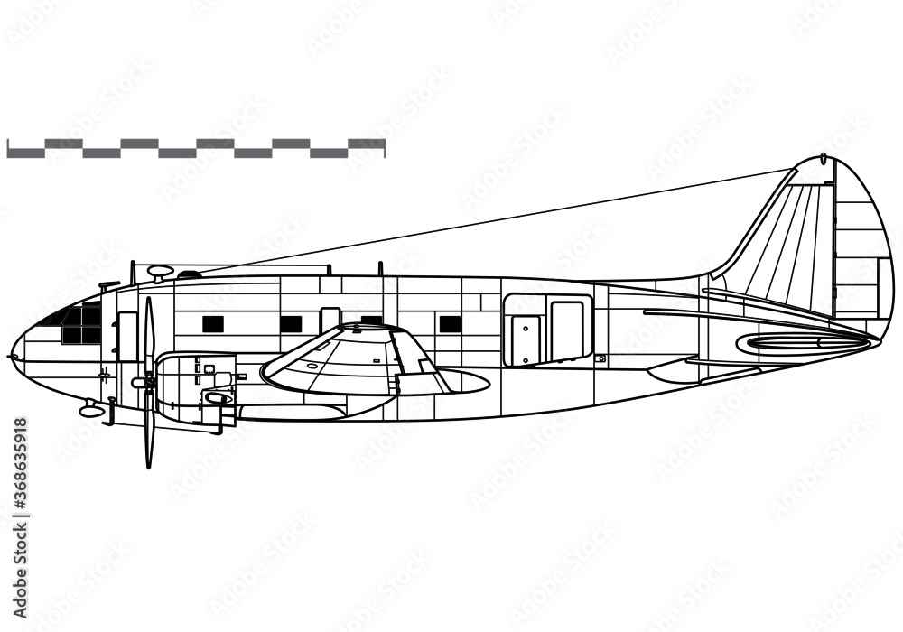 Curtiss-Wright C-46 Commando. Vector drawing of military transport aircraft. Side view. Image for illustration and infographics.