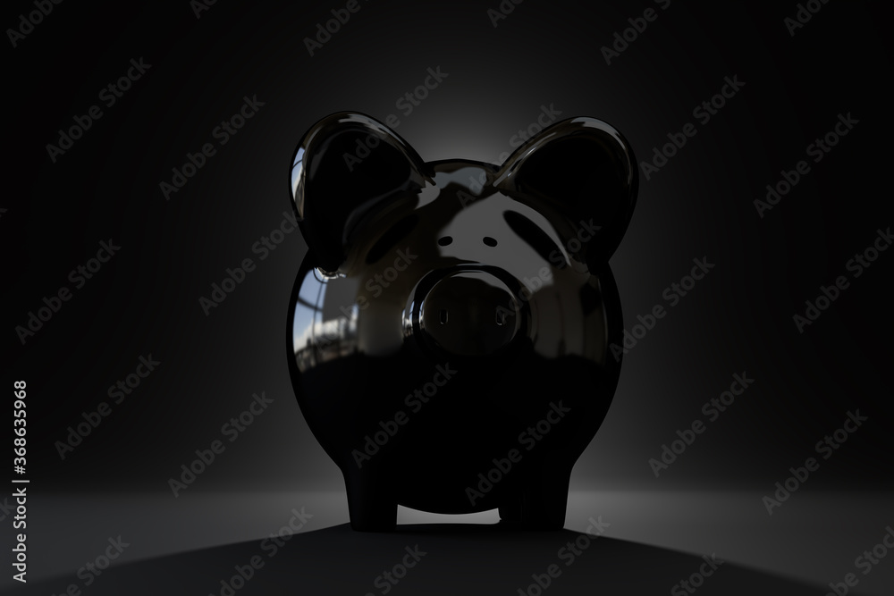 Piggybank savings concept: Low key image of a black piggybank on black background. Lighting from behind. - obrazy, fototapety, plakaty 