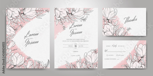 Beautiful Wedding Invitation Card Template Set with Hand Drawn Floral and Watercolor Splash Background