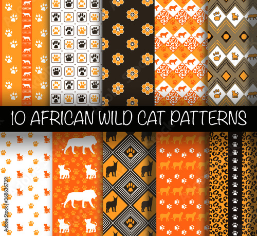 Set of African big cat seamless vector pattern of paw print