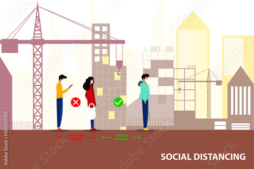 Social distancing and coronavirus prevention, the comparison of distance between people within 2 meters to prevent the spreading of corona virus in the city.