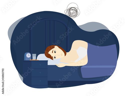 Young woman can't sleep at night. Disorder, insomnia, sick, depression, sleeping pills. Concept. Vector illustration. Isolated.