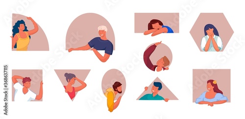 People neighbor. Happy smiling positive man and woman neighbor isolated set. People neighbor in vector different shaped frame. Stay home, keep social distancing and human communication