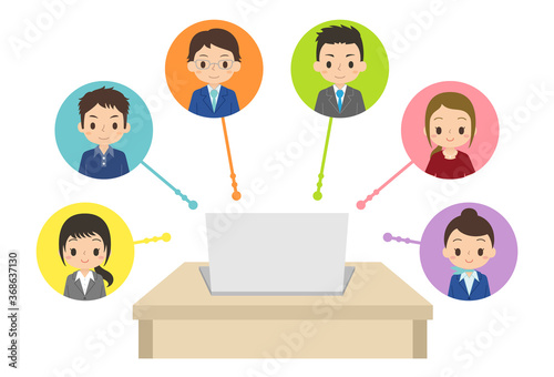 パソコンを使ってオンラインで仕事を共有　会社員　テレワーク　イラスト