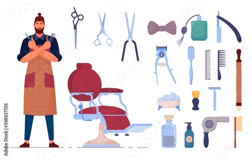 Barber accessory. Vector barbershop accessory and supply isolated set on white background. Man barber character in uniform, chair, scissors, shaving brush, hair dryer and brush comb illustration