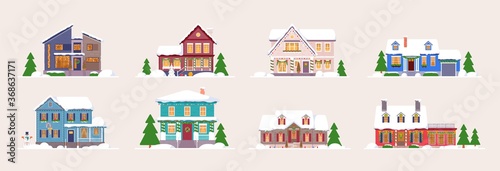 Winter house. Snow-covered decorated building icon set. Home exterior design isolated on white background. Vector urban quarter house with roof and Christmas tree plant under winter snow illustration