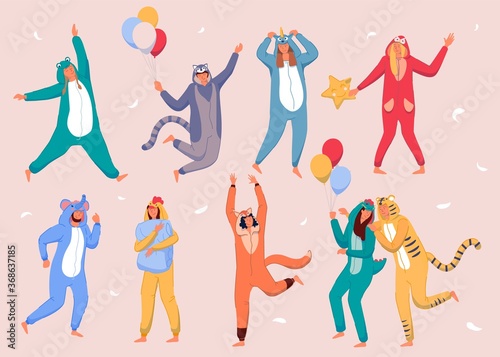 Pajama home party. Happy people wearing animal costume onesies and celebrating holiday. Young men and women cartoon characters in kigurumi having fun at home pajama party balloons and flying feathers