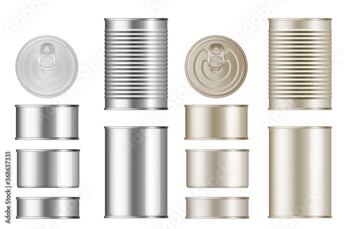 Tin can set. Isolated blank canned food metal container with lid mockup template collection. Vector realistic different size cylinder conserving ribbed tin can mock up design