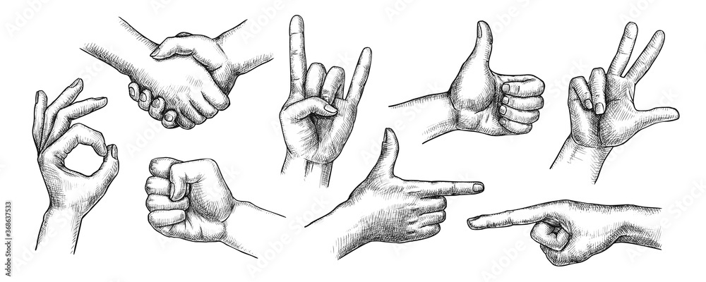 Hand gestures set. Isolated flat hand drawn human finger symbol icon collection. Handshake, thumb up, fist, ok sign, devil horns gesture, forefinger pointing communication drawing vector illustration Hand gestures set. Isolated flat hand drawn human finger symbol icon collection. Handshake, thumb up, fist, ok sign, devil horns gesture, forefinger pointing communication drawing vector illustration