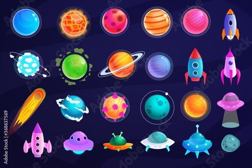 Space object. Alien planet, UFO spaceship, astronaut rocket and missile cosmic object vector icon. Fantasy space set isolated on dark background. Astronomy and outer space exploration illustration
