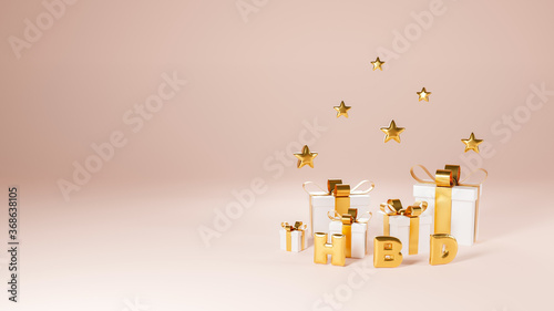Happy birthday premium design with gift box , gold star. 3d rendering