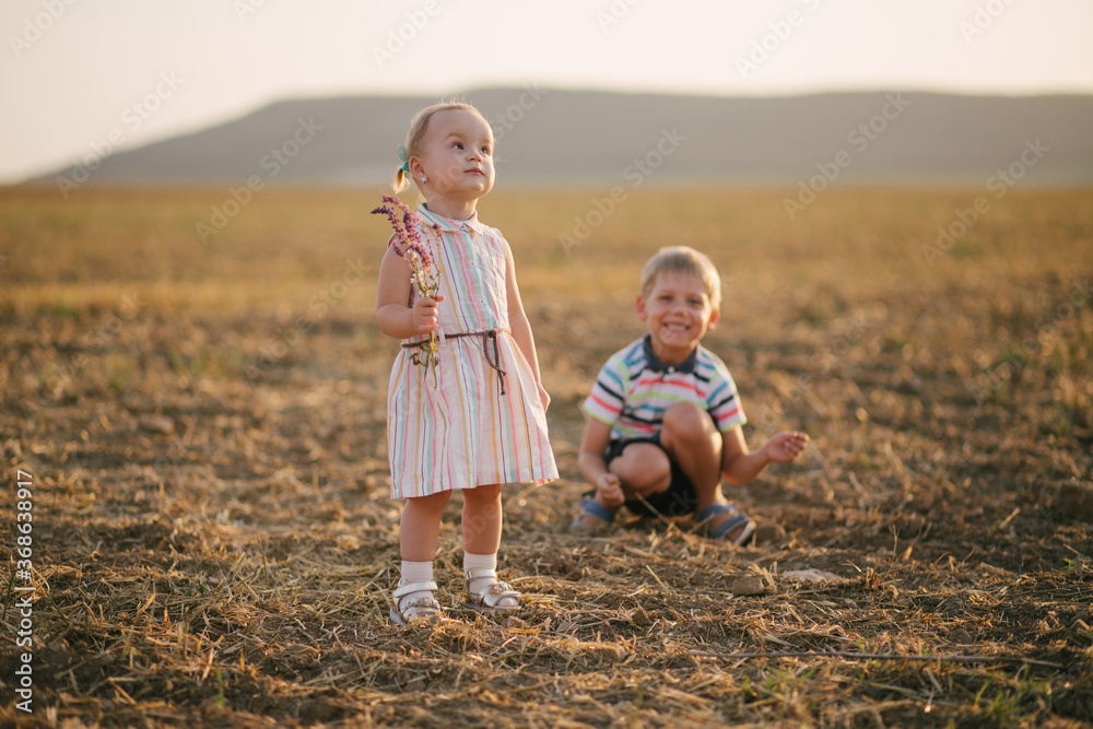 Fototapeta premium Cute little brother and sister posing in a field at sunset.