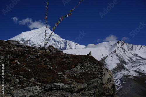 Damodar Mountain peak and Buddhist prayer flags blowing in the wind near Thorong High Camp in Annapurna Circuit trail, Manang, Nepal.