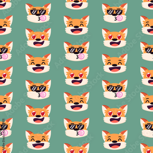 Seamless pattern with funny cartoon red fox emotions, different facial expressions: laughing, in love, cool. It can be used for packaging, wrapping paper, textile etc.