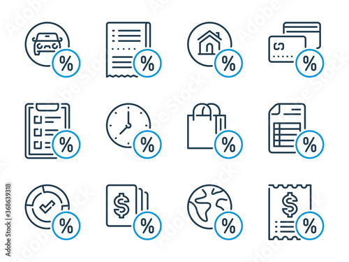 Loan related vector line icon set. Fees outline icons. Tax icon collection.