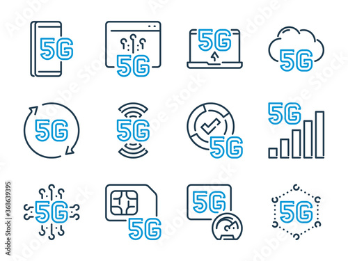 5th Generation Network related vector line icon set. 5G Technology outline icons.