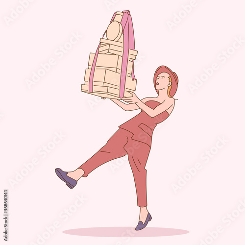 Woman carrying bags with purchases. Concept of shopping addiction, shopaholic behavior. Mental illness, behavioral problem, psychiatric condition. Flat cartoon colorful vector illustration.