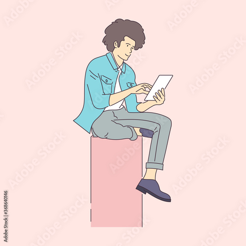 Concept illustration of online courses, distance studying, self education, digital library. E-learning banner. Online education. Vector illustration in flat style