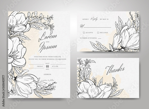 Beautiful Wedding Invitation Card Template Set with Hand Drawn Floral and Watercolor Splash Background