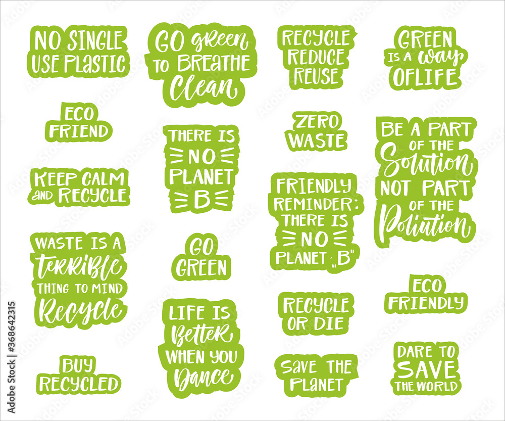 Fototapeta Sticker set template with hand drawn vector lettering. Unique phrases about eco, waste management. Motivational quote for choosing eco friendly lifestyle, using reusable products. Modern typography.