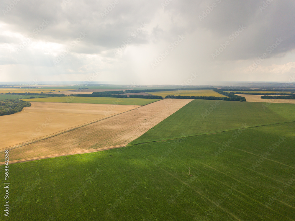 Aerila drone view. Summer rain over agricultural fields in Ukraine.