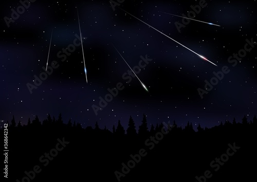 Vector illustration of Meteor Shower. Falling Perseids on dark night sky. Meteor rain, falling glowing comets and stars on landscape at night. Sci-fi, scientific, astronomy background with copy space.