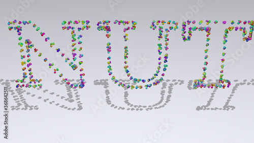 Colorful 3D writting of NUT text with small objects over a white background and matching shadow. food and illustration