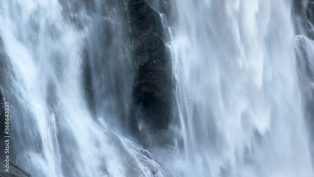 Skjervefossen waterfall falling blur water close. Norway nature journey view powerful white sparkle silky stream