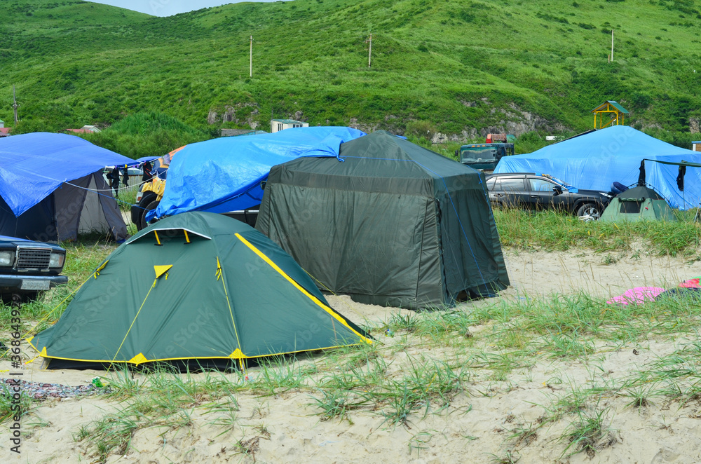 Tent on the beach. Active leisure no people