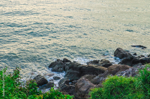 Mountain sea beach landscape. Sea beach in mountains. Mountain sea beach view