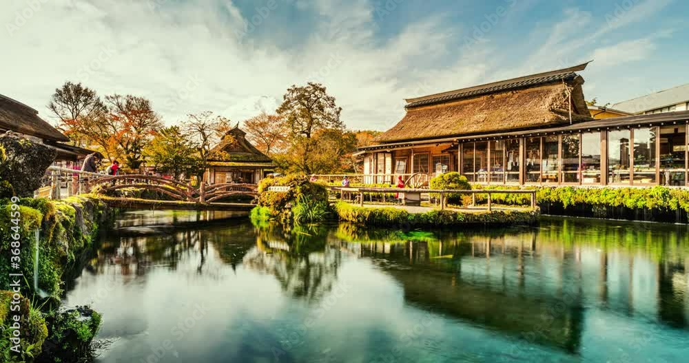 Beautiful Fuji mountain and pond reflection with Traditional Japanese style house at Oshino hakkai in Japan