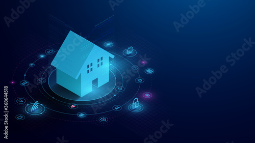 Smart Home Connection with Control Devices Icons. IOT Concept. System Intelligent Control House on Blue Background. Vector Illustration