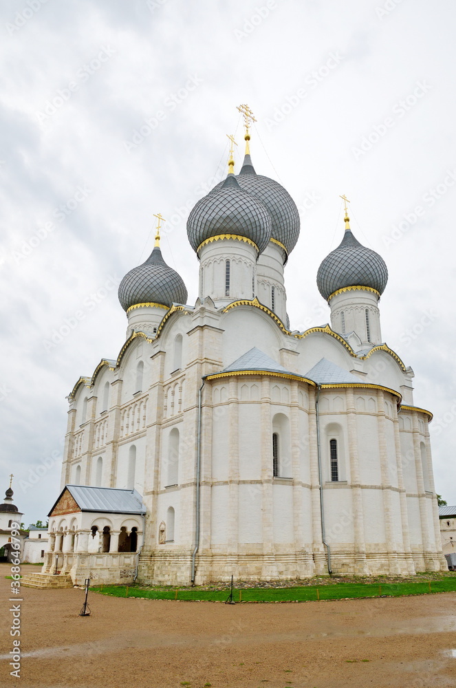 Rostov Veliky, Yaroslavl region, Russia - July 24, 2019: Assumption Cathedral on Cathedral square in the Rostov Kremlin. Golden ring of Russia