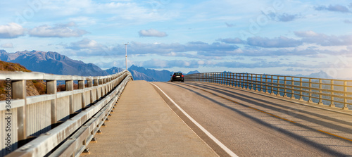 Car on the bridge. Lofoten Islands  Norway