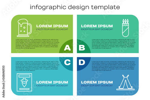 Set line Wanted western poster, Wooden beer mug, Indian teepee or wigwam and Quiver with arrows. Business infographic template. Vector.