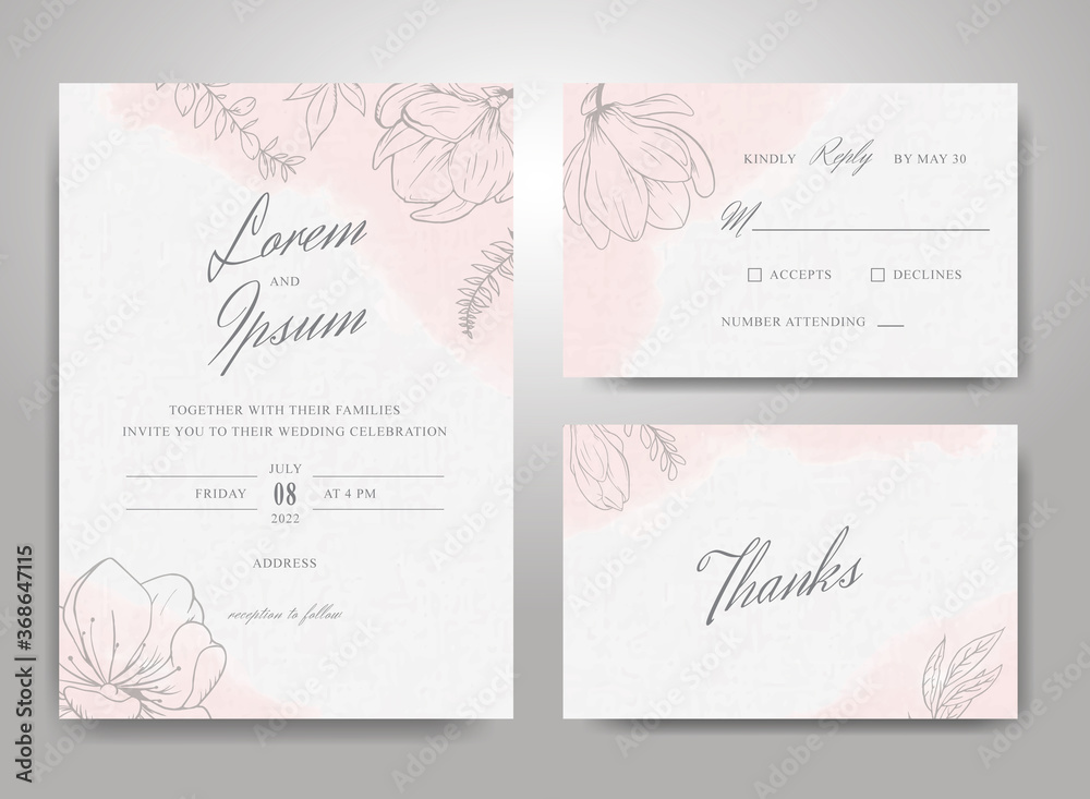 Beautiful Wedding Invitation Card Template Set with Hand Drawn Floral and Watercolor Splash Background