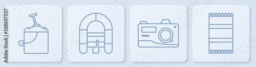 Set line Sand in bucket with shovel, Photo camera, Rafting boat and Beach towel. White square button. Vector.