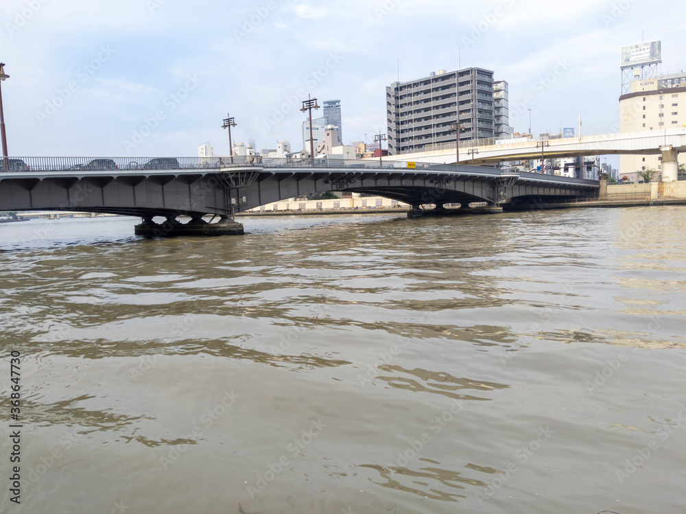雨後の茶色い隅田川と両国橋