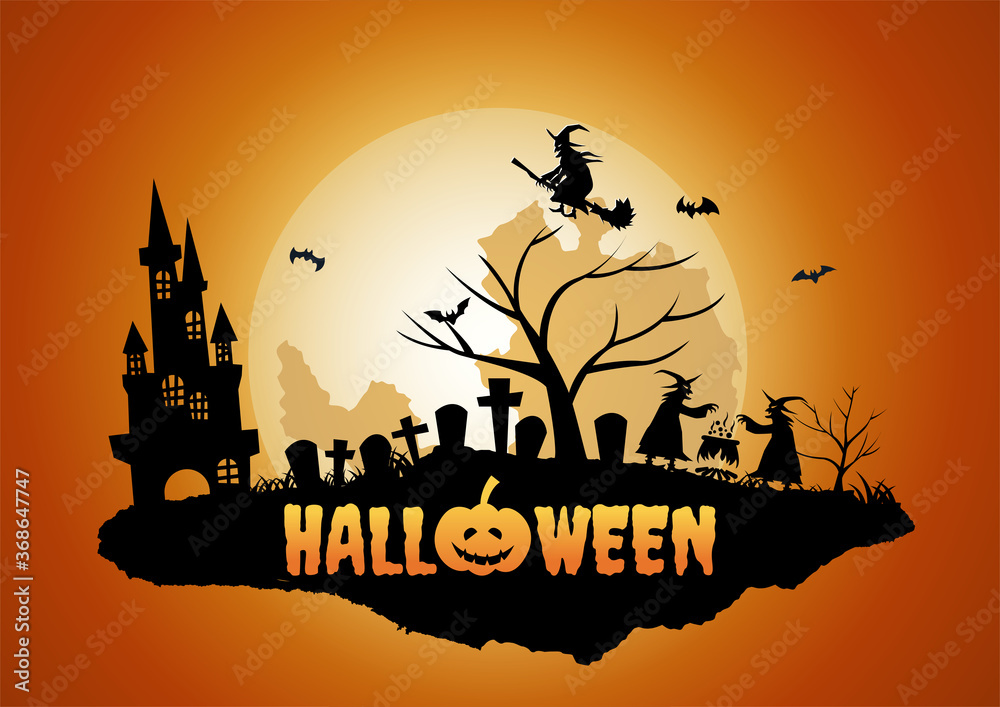 Halloween background with floating island of graveyard and ghost